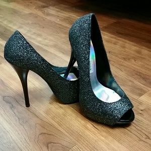 Black Rainbow Glitter Peep Toe Heels